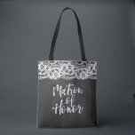 Chalkboard Lace matron of honor Tote Bag<br><div class="desc">Matron of Honor in brush script over black chalkboard and lace background. Personalized name on the back side.</div>