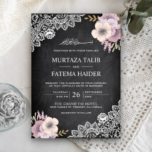 Chalkboard Lace Pink Floral Islamic Wedding Invitation
