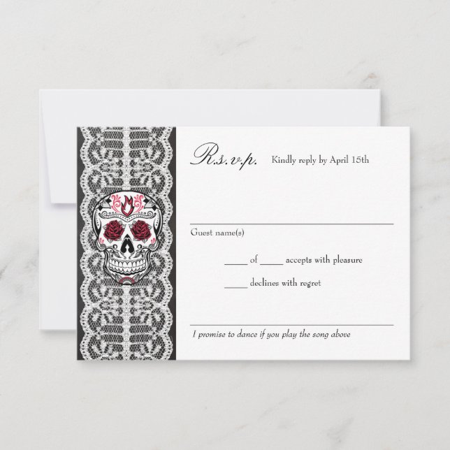 Chalkboard Lace Red & Black Sugar Skull RSVP cards (Front)