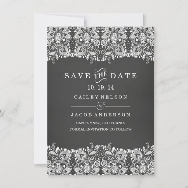 Chalkboard & Lace Save The Date Card (Front)