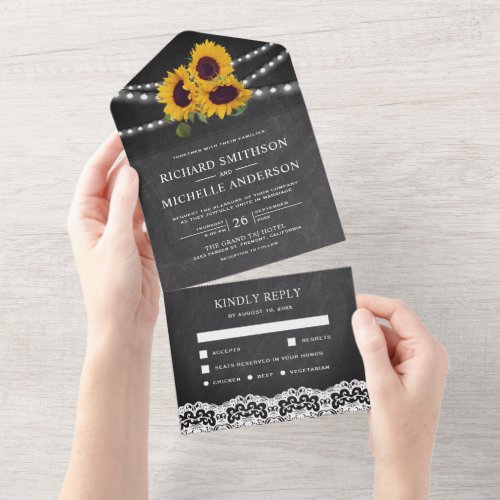 Chalkboard Lace String Lights Sunflower Wedding All In One Invitation