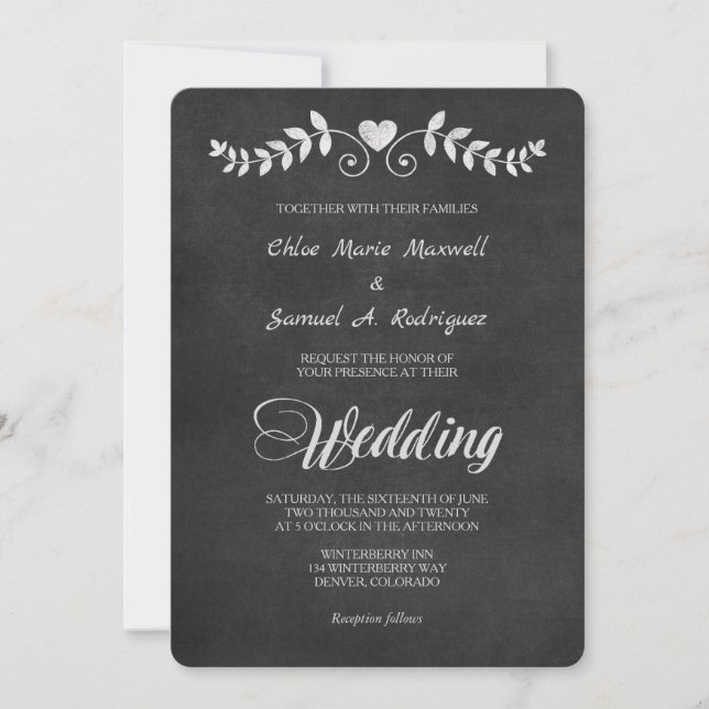 Chalkboard Laurel Leaf Heart Wedding Invitation (Front)