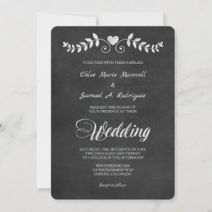 Chalkboard Laurel Leaf Heart Wedding Invitation