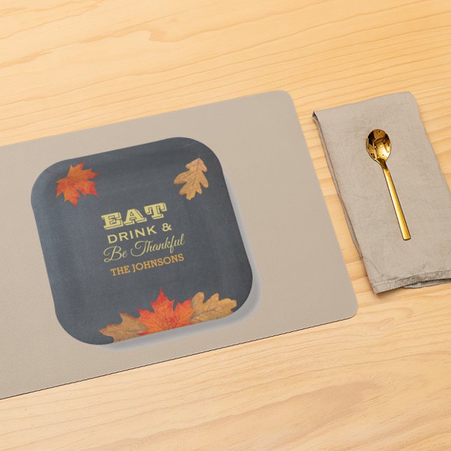 Chalkboard Leaves Eat Drink and Be Thankful Paper Plates (Creator Uploaded)