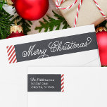 Chalkboard Lettering Christmas Return Address Wrap Around Label<br><div class="desc">Custom wraparound return address labels with a faux chalkboard background and red stripe border. Modern script lettering reads Merry Christmas. Personalize it with your family name and return address. Use the design tools to edit the text fonts and colors and add photos to create unique one of a kind holiday...</div>