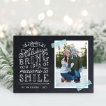 Chalkboard Lettering Holiday Photo Card<br><div class="desc">Affordable custom printed Christmas photo cards with simple templates for customization. This fun design features cute hand-lettered style typography on a faux chalkboard background with aqua striped washi tape around your photo. The text reads "Hope the holidays bring you lots of reasons to smile". Personalize it with your photos, family...</div>