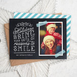 Chalkboard Lettering Holiday Photo Card<br><div class="desc">Affordable custom printed holiday photo cards with simple templates for customization. This fun design features cute hand-lettered style typography on a faux chalkboard background with aqua striped washi tape around your photo. The text reads "Hope the holidays bring you lots of reasons to smile". Personalize it with your photos, family...</div>