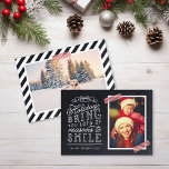 Chalkboard Lettering Holiday Photo Card<br><div class="desc">Affordable custom printed holiday photo cards with simple templates for customization. This fun design features cute hand-lettered style typography on a faux chalkboard background with red striped washi tape around your photo. The text reads "Hope the holidays bring you lots of reasons to smile". Personalize it with your photos, family...</div>