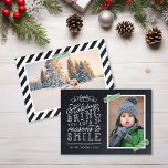 Chalkboard Lettering Holiday Photo Card<br><div class="desc">Affordable custom printed holiday photo cards with simple templates for customization. This fun design features cute hand-lettered style typography on a faux chalkboard background with green striped washi tape around your photo. The text reads "Hope the holidays bring you lots of reasons to smile". Personalize it with your photos, family...</div>