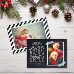 Chalkboard Lettering Holiday Photo Card<br><div class="desc">Affordable custom printed holiday photo cards with simple templates for customization. This fun design features cute hand-lettered style typography on a faux chalkboard background with aqua striped washi tape around your photo. The text reads "Hope the holidays bring you lots of reasons to smile". Personalize it with your photos, family...</div>