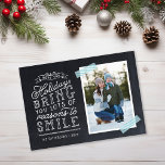 Chalkboard Lettering Holiday Photo Card<br><div class="desc">Affordable magnetic holiday photo cards with simple templates for customization. This fun design features cute hand-lettered style typography on a faux chalkboard background with aqua striped washi tape around your photo. The text reads "Hope the holidays bring you lots of reasons to smile". Personalize it with your photos, family name,...</div>