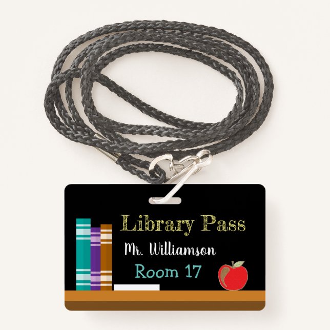 Chalkboard library plastic badge hall pass (Front with Lanyard)