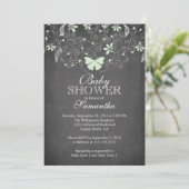 Chalkboard Light Green Butterfly Girl Baby Shower Invitation (Standing Front)