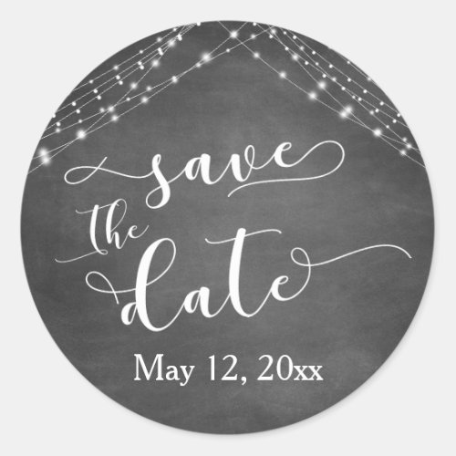 Chalkboard Light Strings Calligraphy Save the Date Classic Round Sticker
