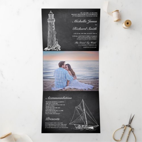 Chalkboard Lighthouse Sailboat Nautical Wedding Tri_Fold Invitation