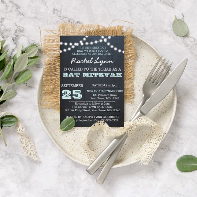 Chalkboard Lights Aqua Bat Mitzvah Invitation (Creator Uploaded)