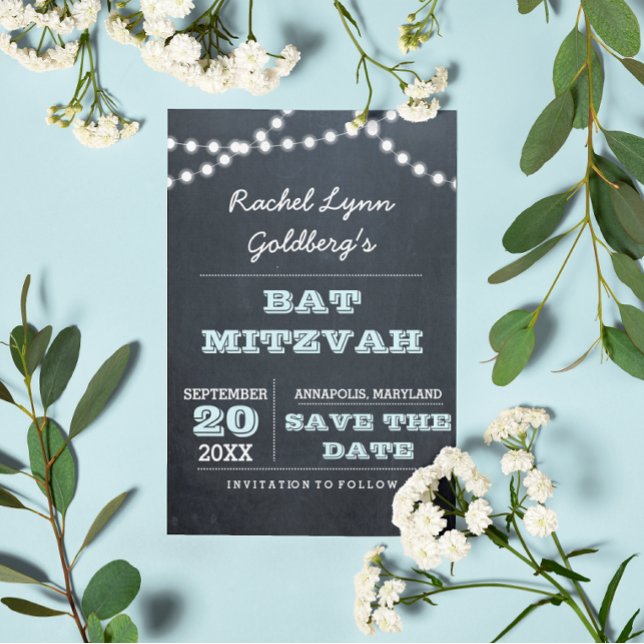 Chalkboard Lights Aqua Bat Mitzvah Save the Date Announcement Postcard (Creator Uploaded)