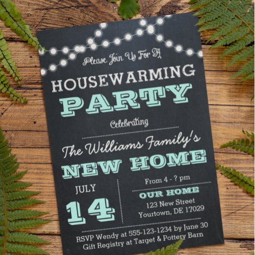 Chalkboard Lights Aqua Housewarming Invitations