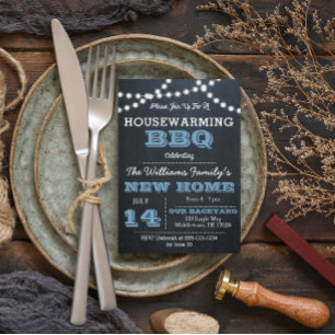 Chalkboard Lights Blue Housewarming Invitations