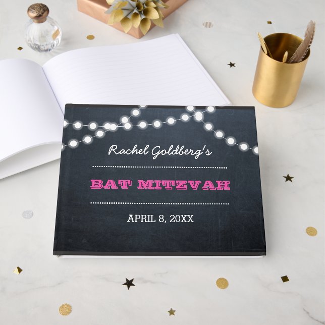 Chalkboard Lights Dark Pink Bat Mitzvah Guest Book (Front Open)
