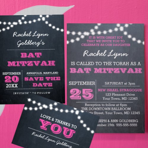 Chalkboard Lights Dark Pink Bat Mitzvah Invitation