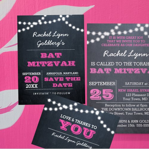 Chalkboard Lights Dark Pink Bat Mitzvah Save Date Announcement Postcard