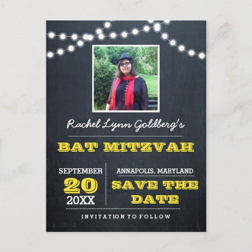 Chalkboard Lights Gold Bat Mitzvah Photo Save Date Announcement Postcard