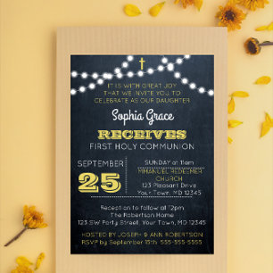 Chalkboard Lights Gold First Communion Invitation
