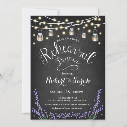 Chalkboard Lights Lavender Rehearsal Dinner Invitation