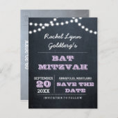 Chalkboard Lights Lilac Bat Mitzvah Save the Date Announcement Postcard (Front/Back)