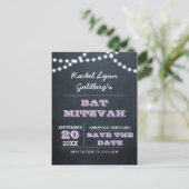 Chalkboard Lights Lilac Bat Mitzvah Save the Date Announcement Postcard (Standing Front)