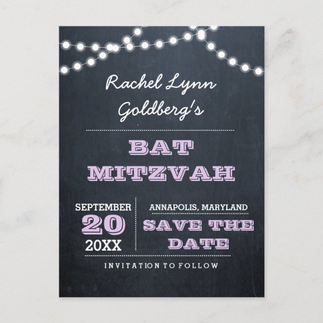 Chalkboard Lights Lilac Bat Mitzvah Save the Date Announcement Postcard (Front)