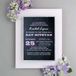 Chalkboard Lights Lilac Glitter Border Bat Mitzvah Invitation