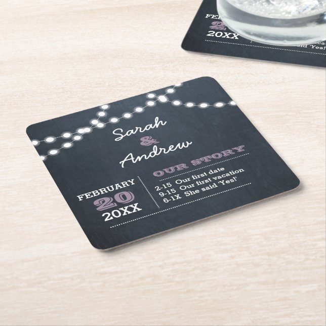 Chalkboard Lights Lilac Personalized Wedding Square Paper Coaster (Angled)