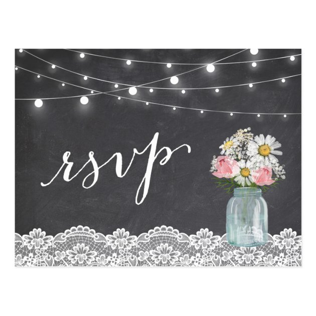 Chalkboard Lights Mason Jar Floral Wedding RSVP Postcard