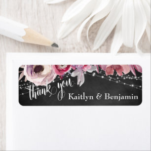 Chalkboard, Lights Pink Flowers Thank You Label