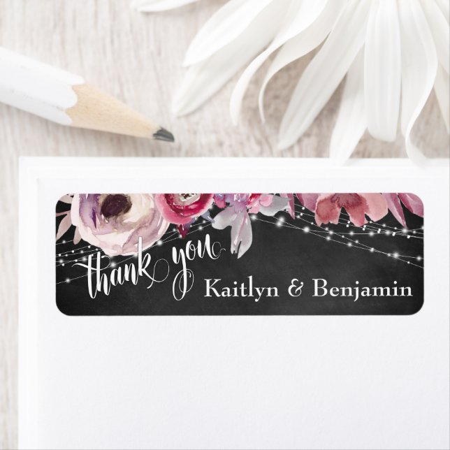 Chalkboard, Lights Pink Flowers Thank You Label (Insitu)