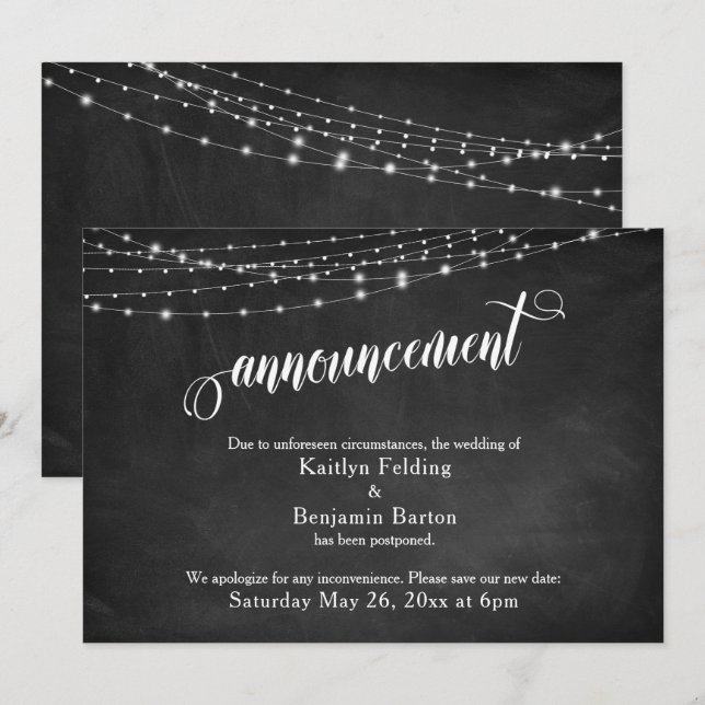 Chalkboard & Lights Postponed Wedding Announcement (Front/Back)