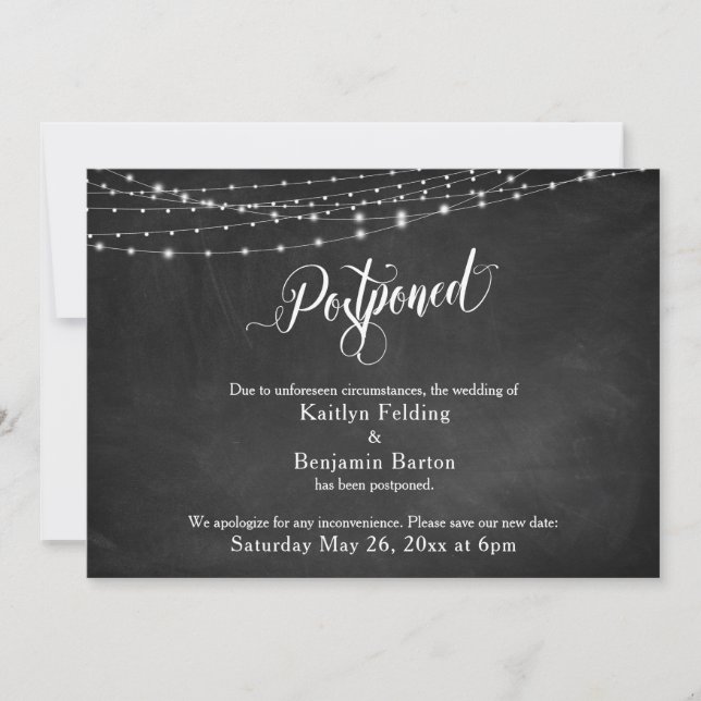 Chalkboard & Lights Postponed Wedding Announcement (Front)