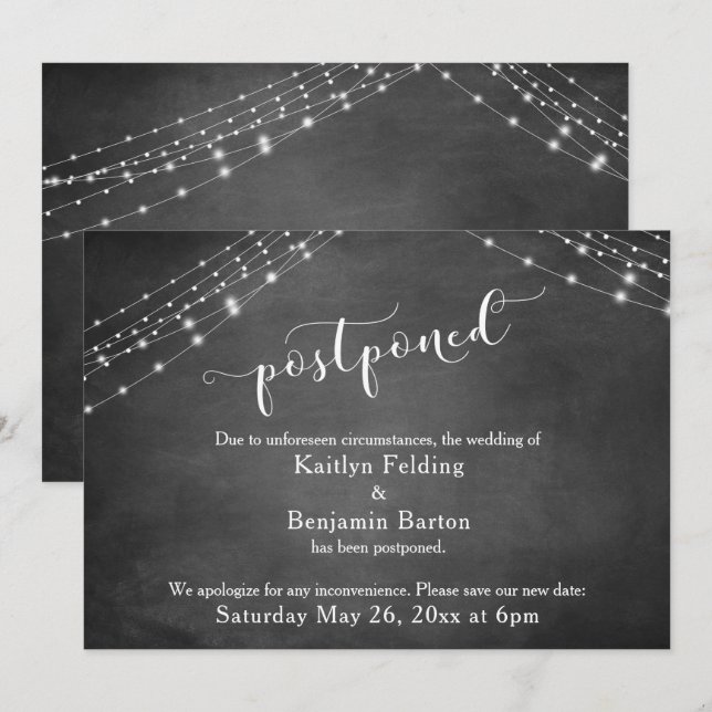 Chalkboard & Lights Postponed Wedding Announcement (Front/Back)