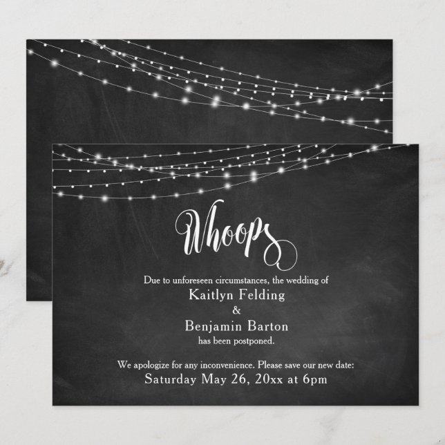 Chalkboard & Lights Postponed Wedding "Whoops" Invitation (Front/Back)