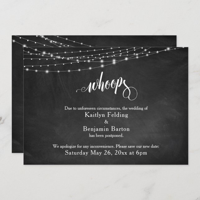 Chalkboard & Lights Postponed Wedding "Whoops" Invitation (Front/Back)
