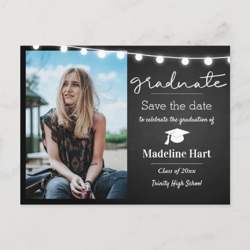 Chalkboard Lights Script Graduate  Save The Date Postcard