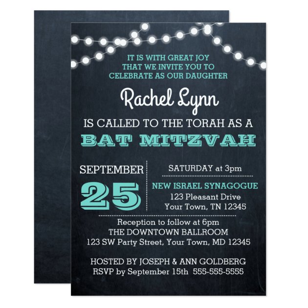 Chalkboard Lights Teal Bat Mitzvah Invitation
