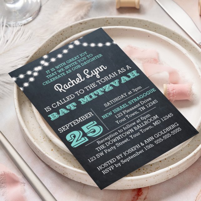 Chalkboard Lights Teal Bat Mitzvah Invitation (Creator Uploaded)
