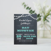 Chalkboard Lights Teal Bat Mitzvah Save the Date Announcement Postcard (Standing Front)