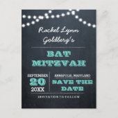 Chalkboard Lights Teal Bat Mitzvah Save the Date Announcement Postcard (Front)
