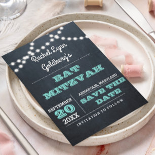 Chalkboard Lights Teal Bat Mitzvah Save the Date Announcement Postcard