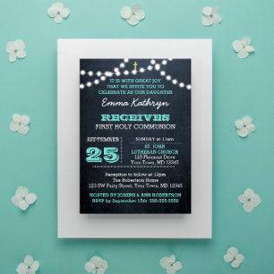 Chalkboard Lights Teal First Communion Invitation