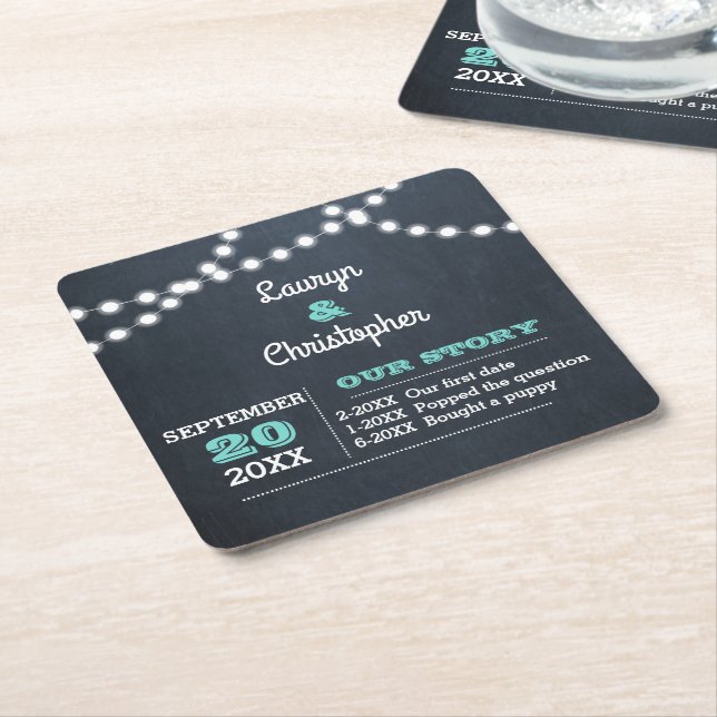 Chalkboard Lights Teal Personalized Wedding Square Paper Coaster (Angled)